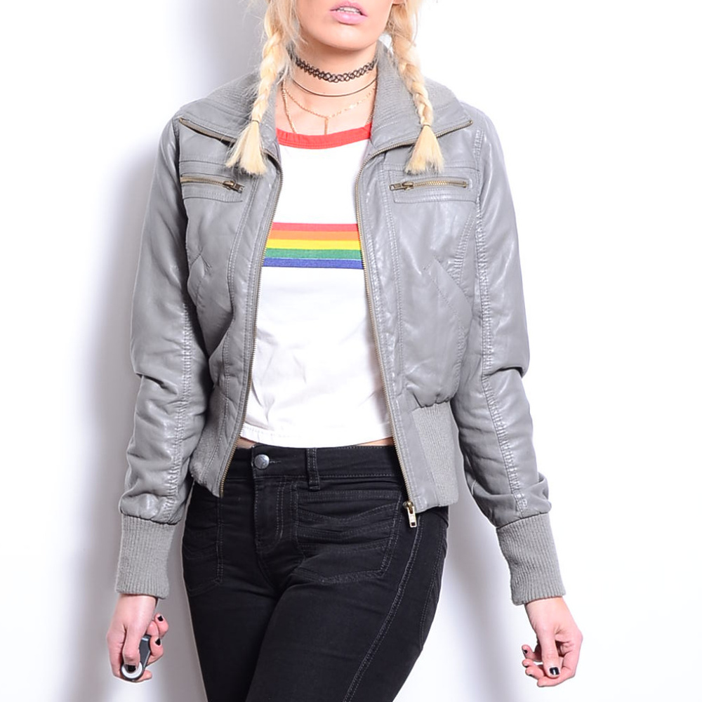 Faux Leather Knit Collar Moto Bomber Jacket Coat S